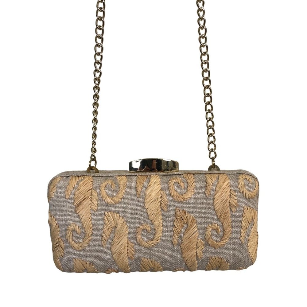 Talbots Gold Embroidered Feather-Pattern Chain Clutch